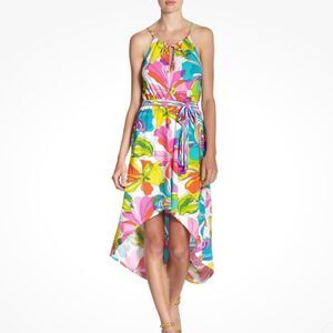 Trina Turk Kaleidoscope Floral Colorful Hi Lo Coverup Pockets Dress Sz L